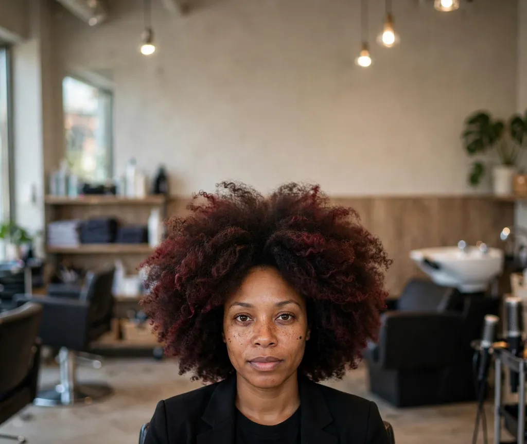 Big afro hairstyle with burgundy highlights on a Black woman