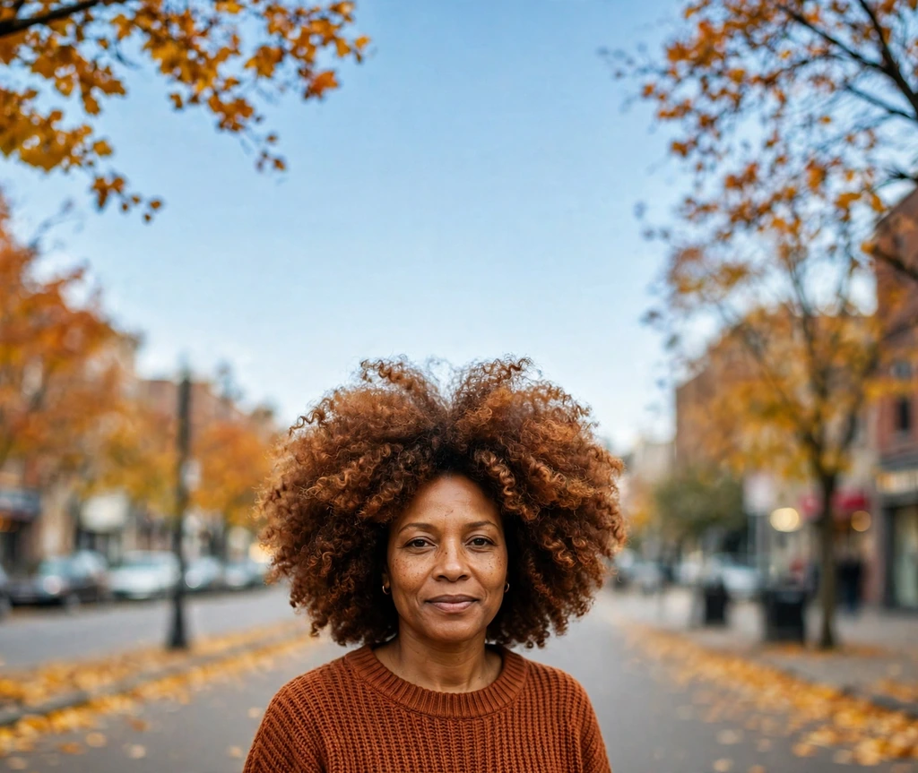 Big afro hairstyle with copper balayage color on a Black woman