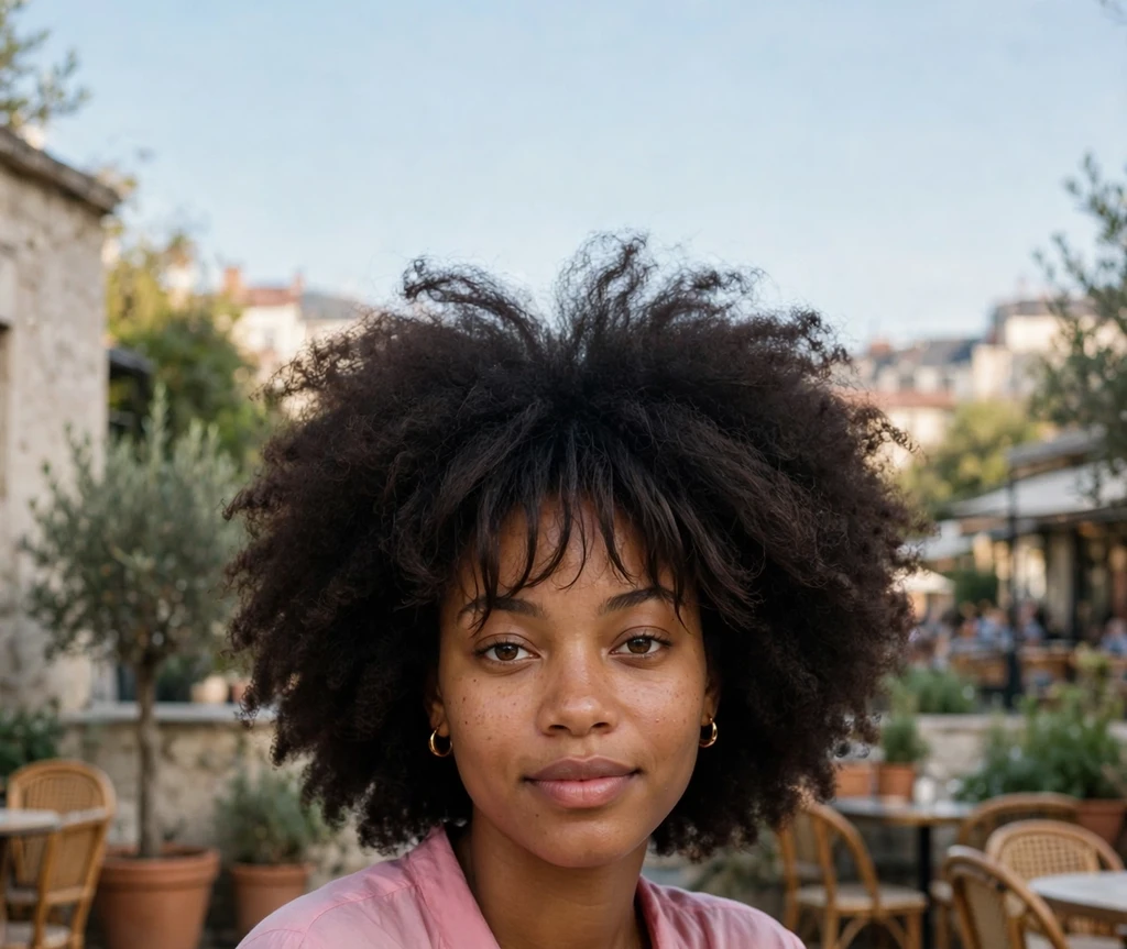 Big afro hairstyle with wispy forehead bangs on a Black woman