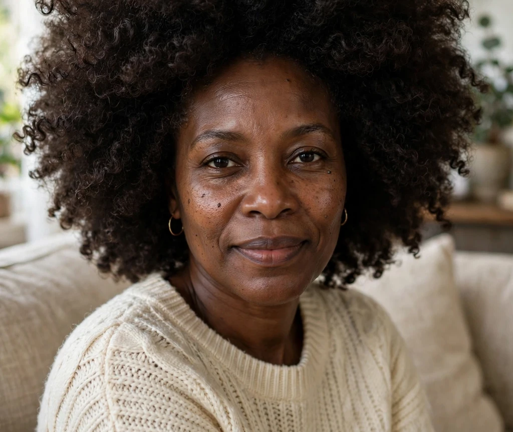 Deep moisture defined big afro hairstyle on a Black woman