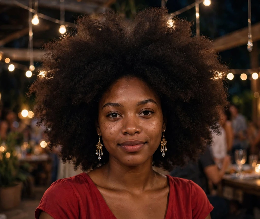 Big afro hairstyle with chandelier earrings on a Black woman