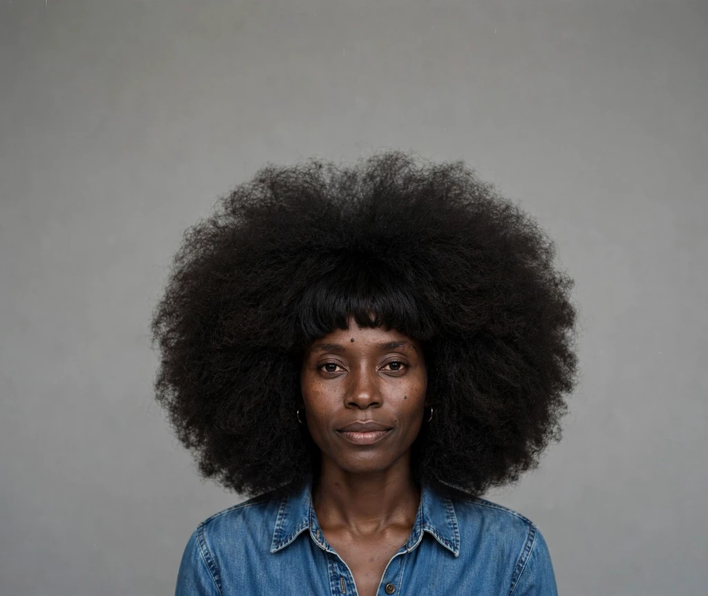 Big afro hairstyle with blunt bangs on a Black woman