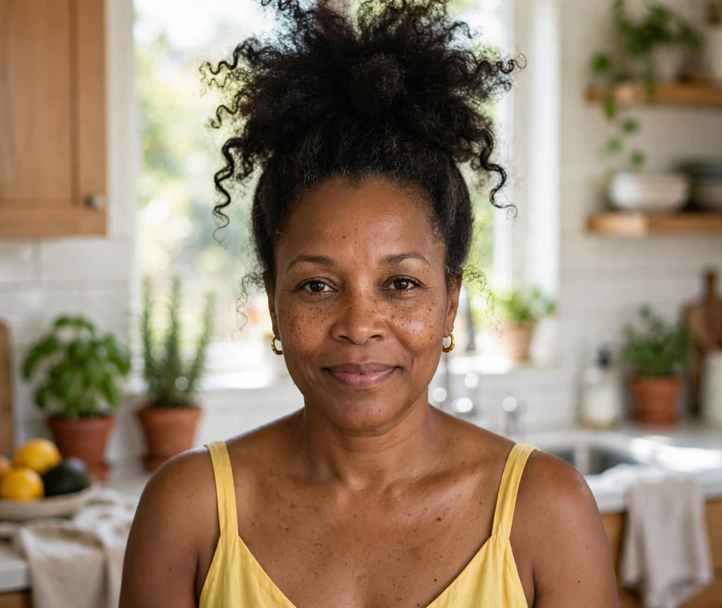 Big pineapple updo afro hairstyle on a Black woman