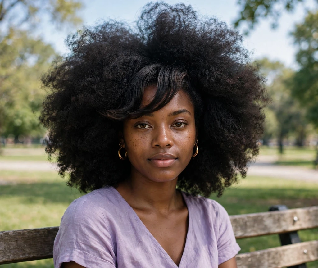 Big afro hairstyle with side swept bangs on a Black woman