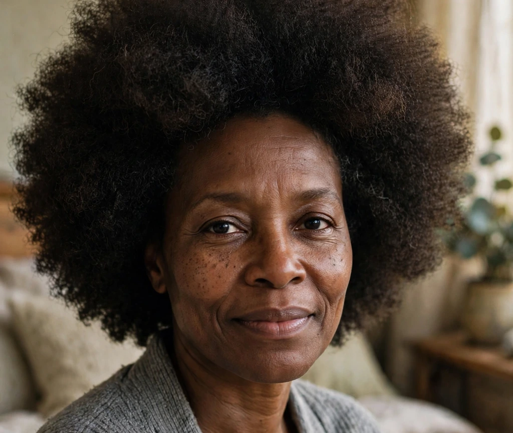 Freshly shaping trimmed big afro hairstyle on a Black woman