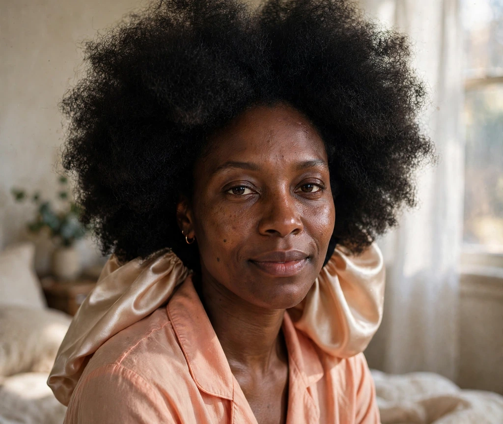 Big afro hairstyle maintained with satin night care on a Black woman