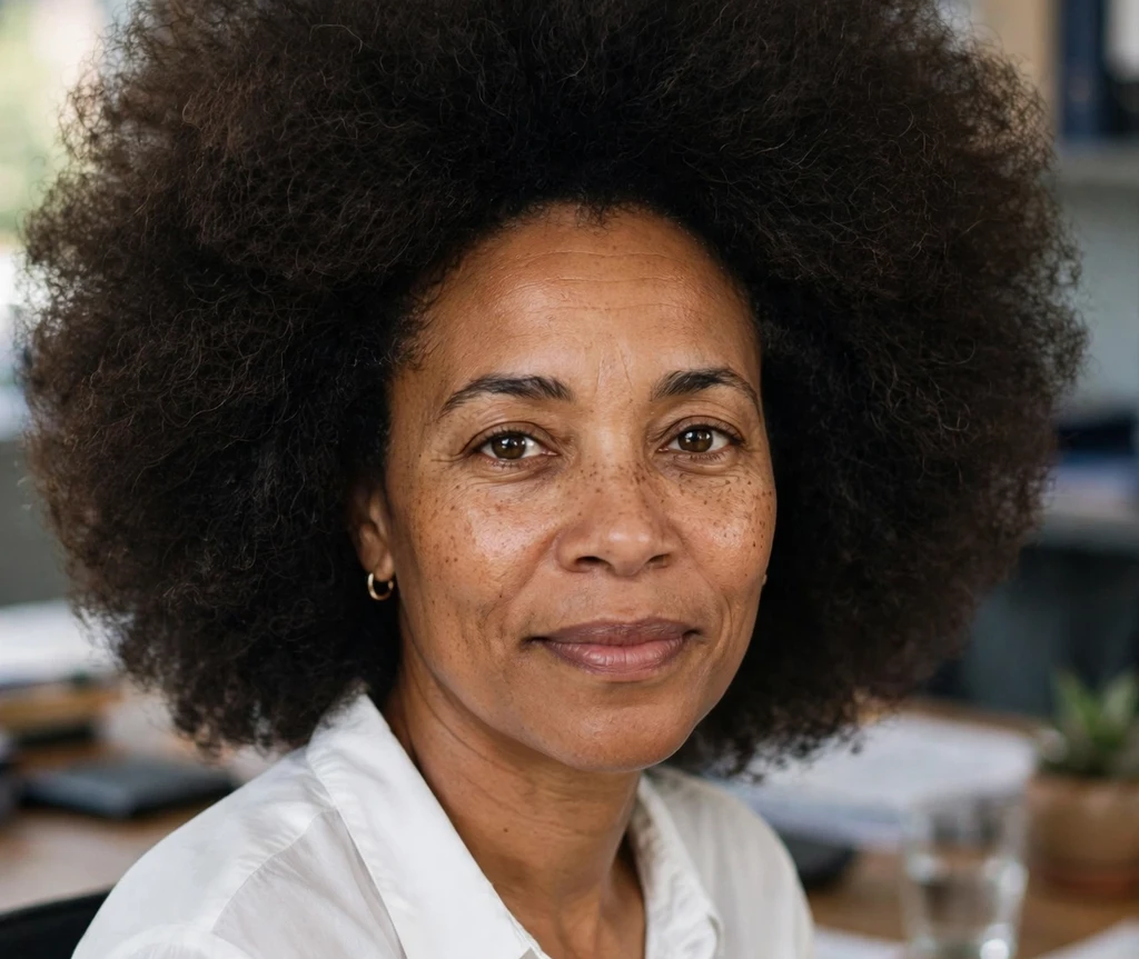 Big afro hairstyle on fine natural hair of a Black woman