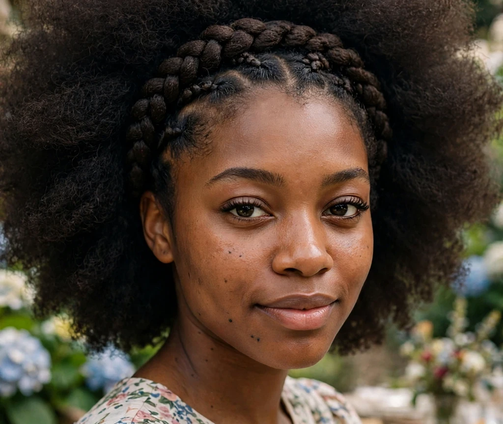 Big afro hairstyle with a braided crown accent on a Black woman
