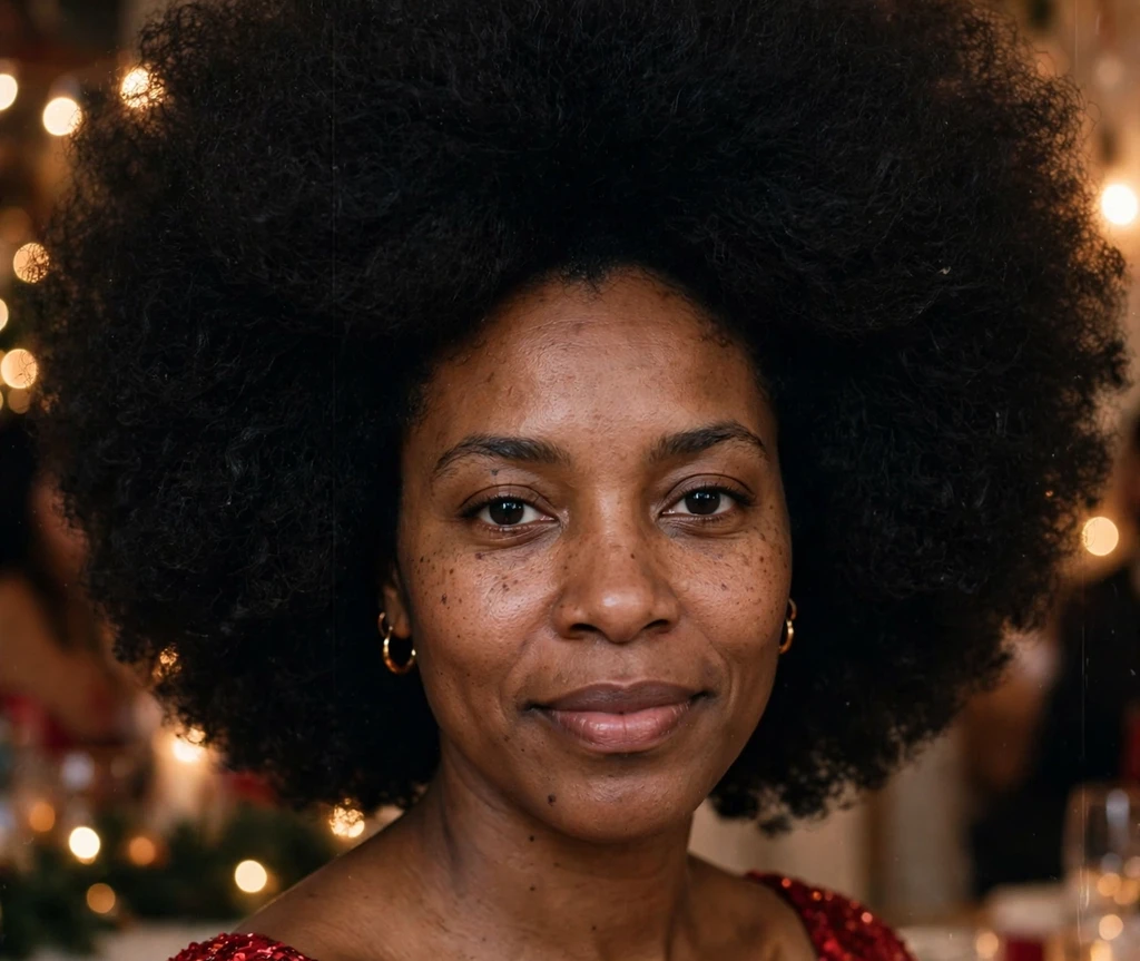 Holiday party big afro hairstyle on a Black woman