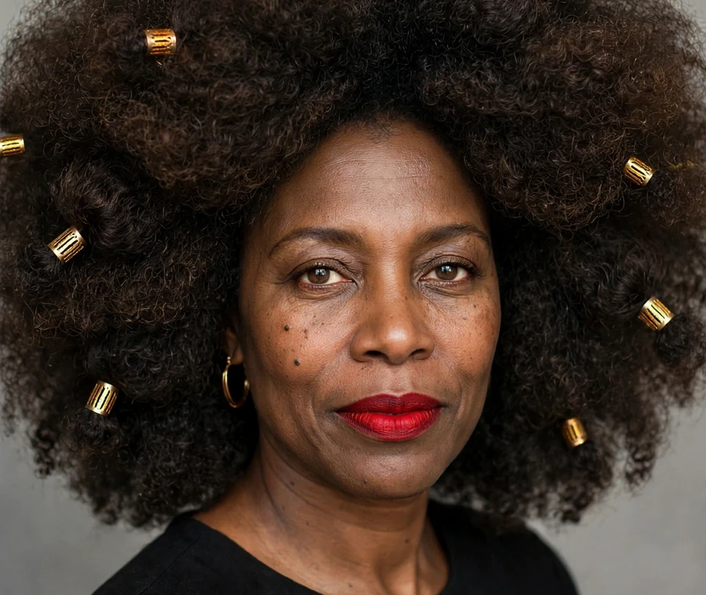 Big afro hairstyle with bold red lips and gold hair cuffs on a Black woman