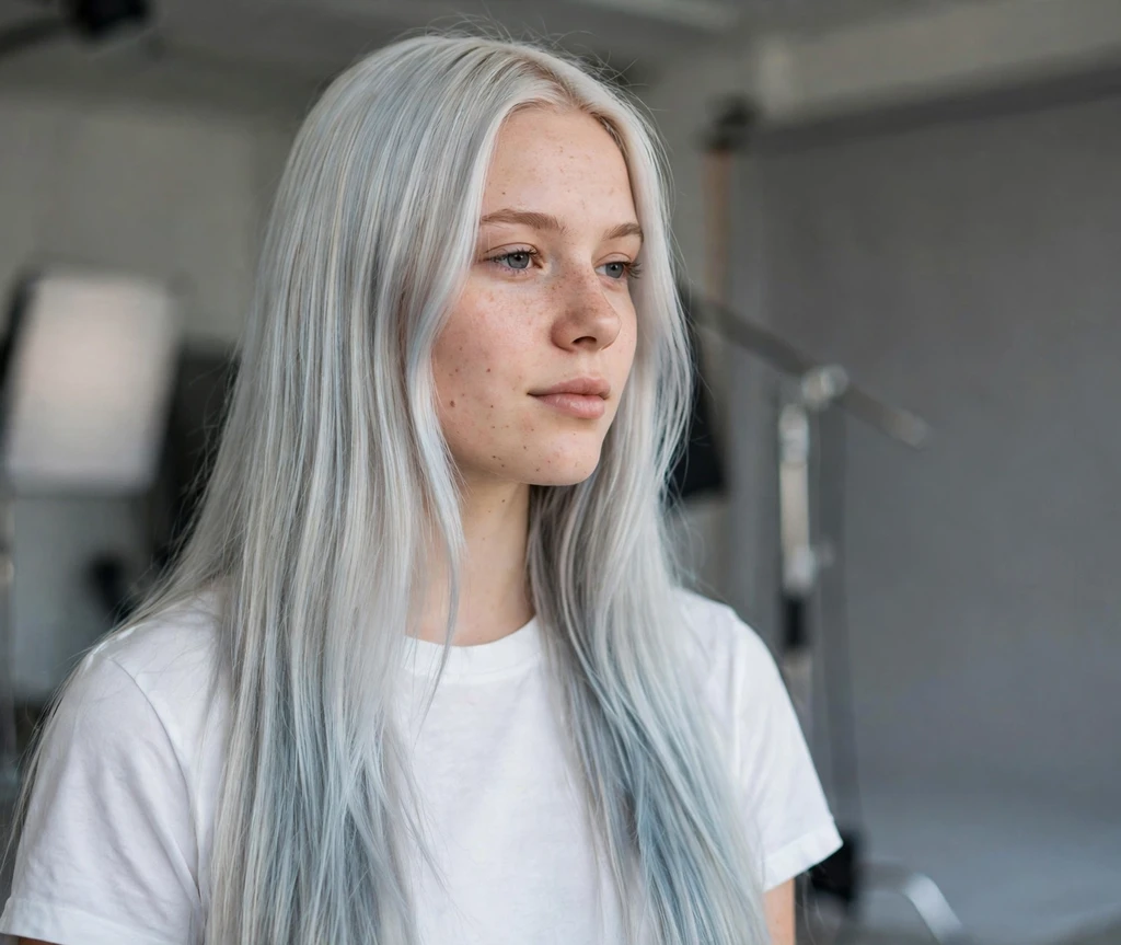 Scandinavian woman with sleek icy platinum blonde hair in a studio