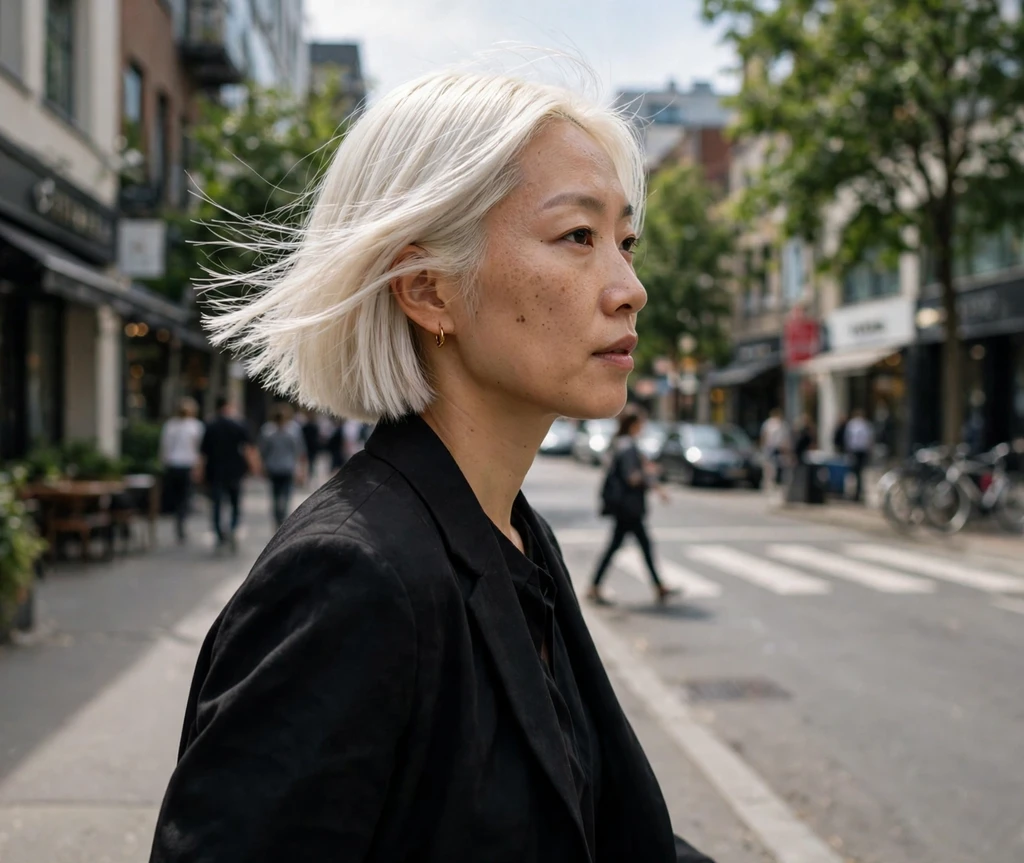 East Asian woman with white hot platinum sharp bob on a city street