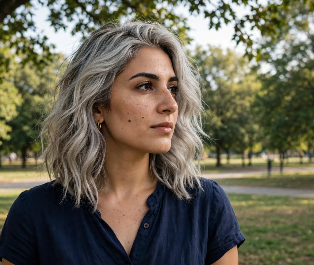 Middle Eastern woman with wavy silver ash blonde lob in a park
