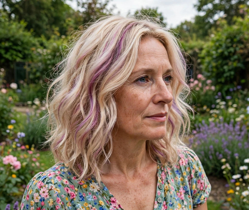 European woman with shoulder-length pearl blonde waves in a garden