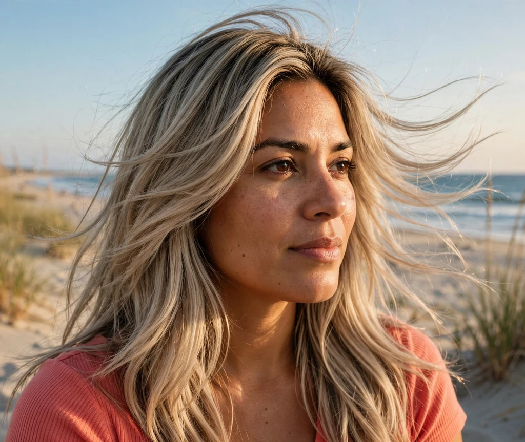 Latina woman with long cool beige blonde layers at the beach