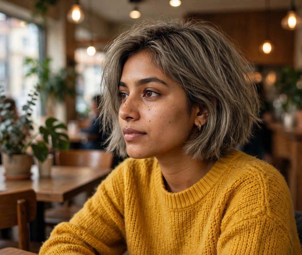 South Asian woman with textured mushroom blonde bob in a café