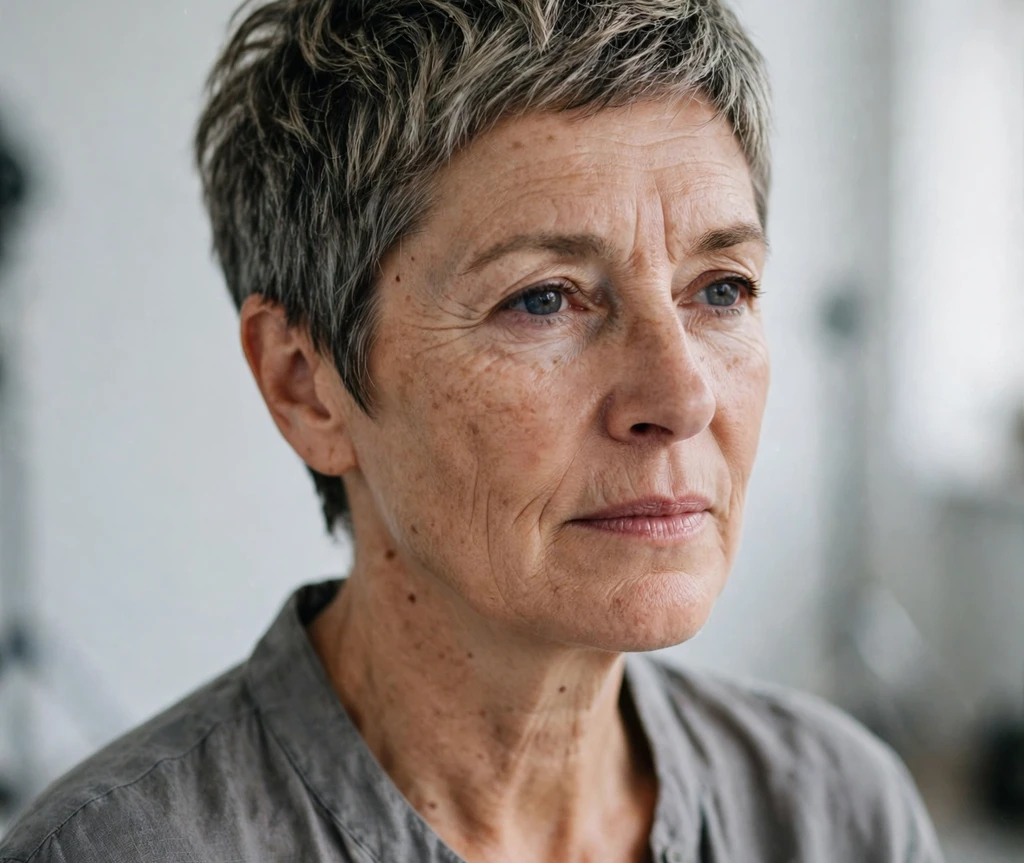 European woman in her 50s with ashy dark blonde pixie in a studio