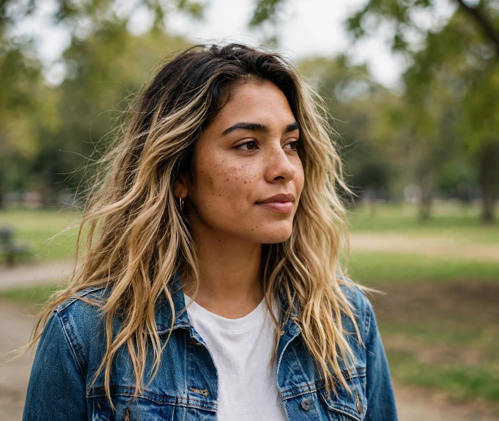 Latina woman with long wavy dirty blonde balayage in a park