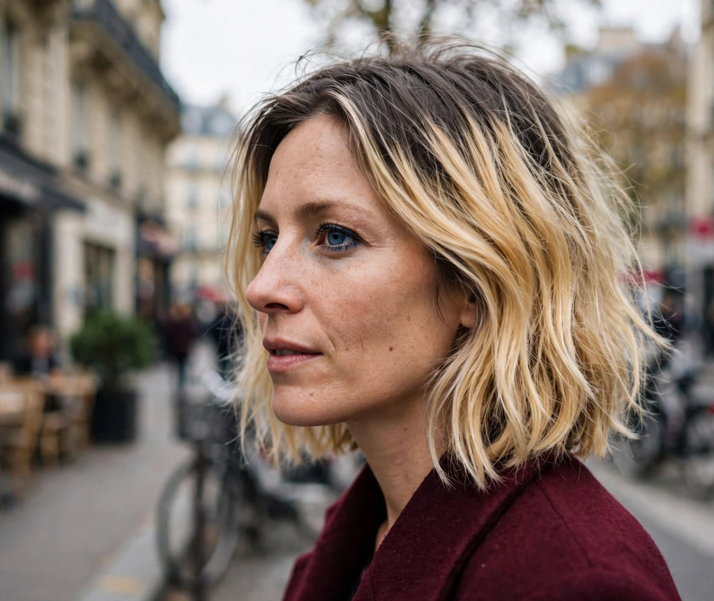 Middle Eastern woman with smoky rooted blonde lob on a city street