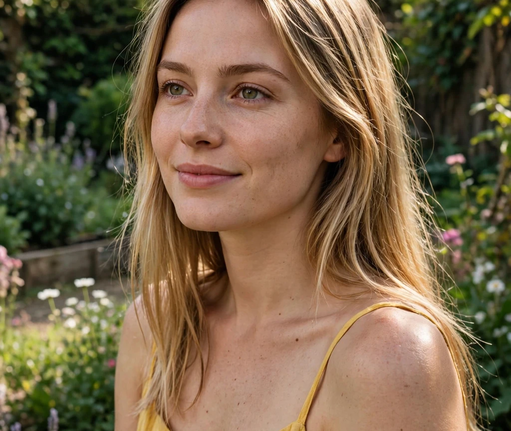 European woman with natural dark blonde straight hair in a garden
