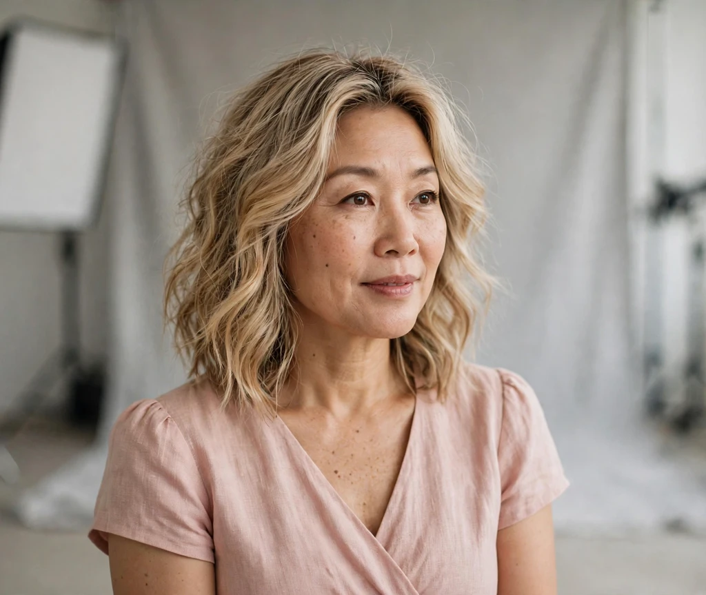 East Asian woman with champagne blonde waves in a studio