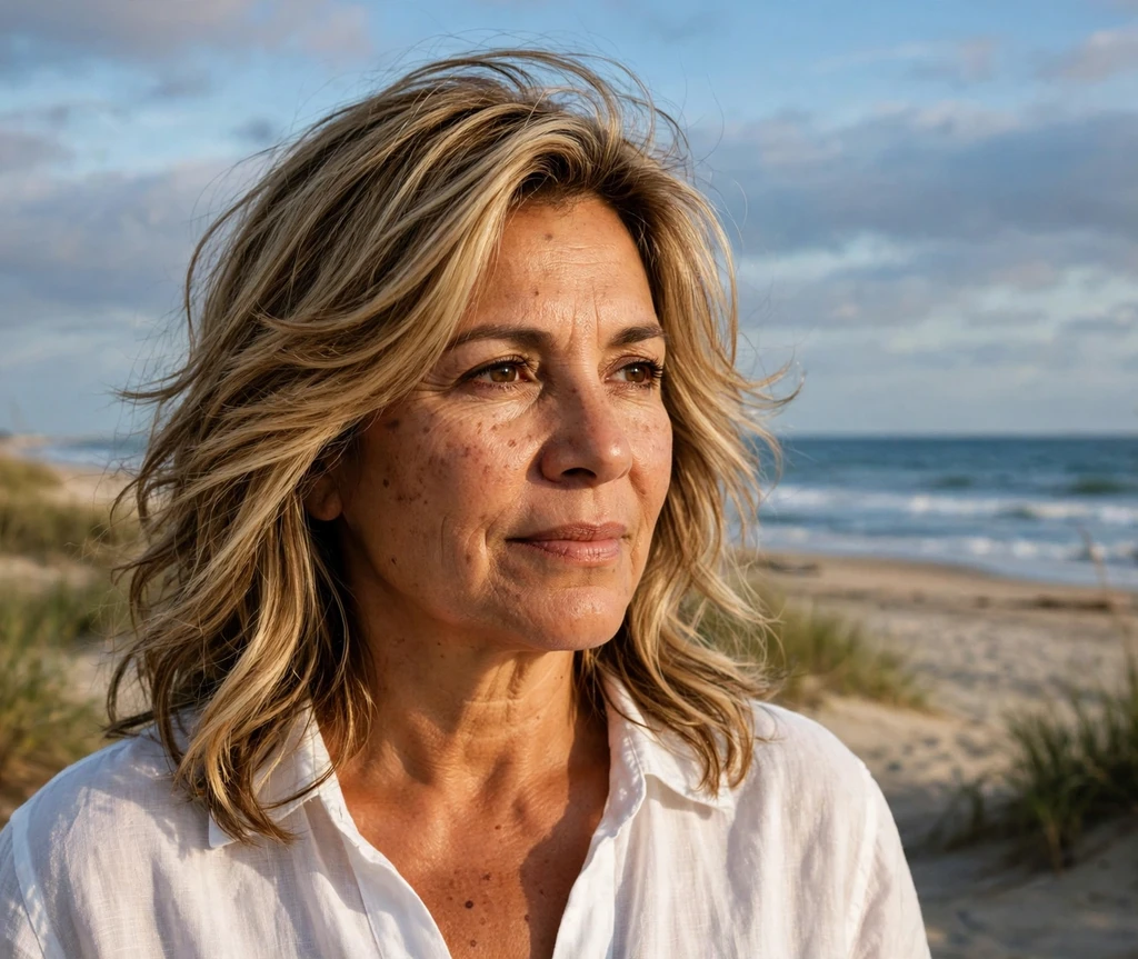 Latina woman in her 50s with sand blonde layered haircut at the beach