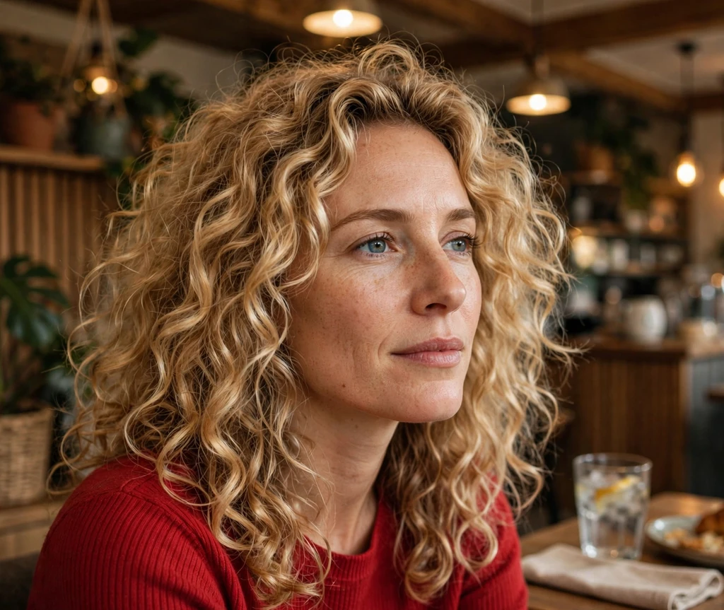 European woman with buttery blonde curls in a café