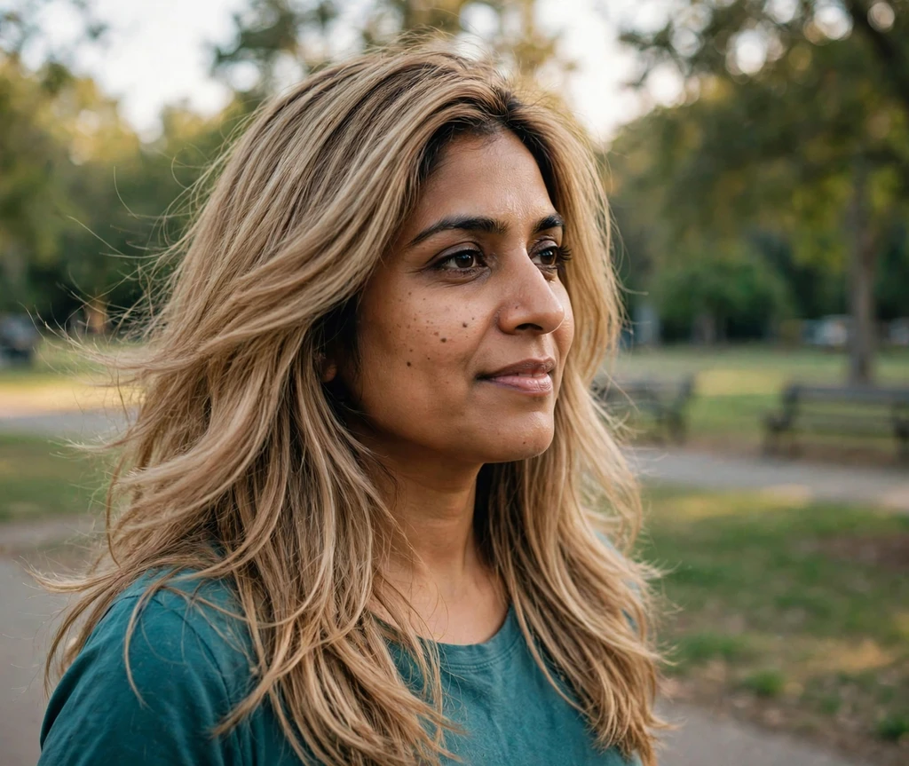 South Asian woman with warm beige blonde long layers in a park