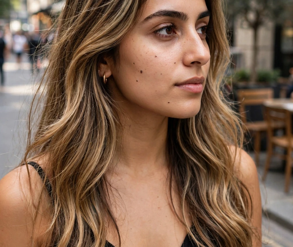 Middle Eastern woman with caramel blonde balayage long hair on a city street