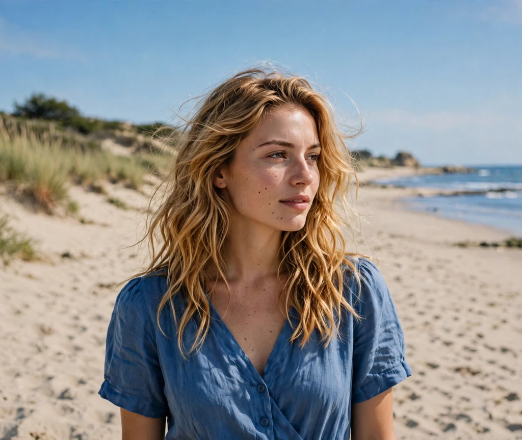 European woman with honey blonde beach waves at the beach