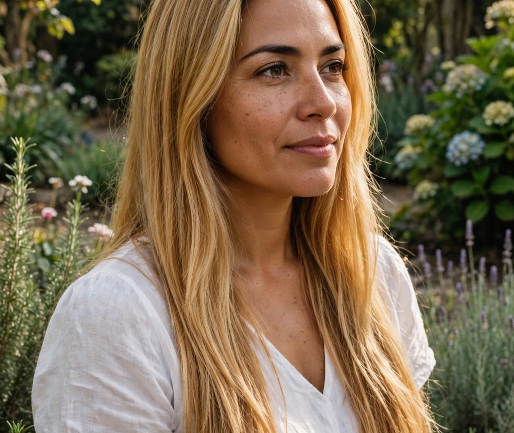 Latina woman with golden blonde long straight hair in a garden