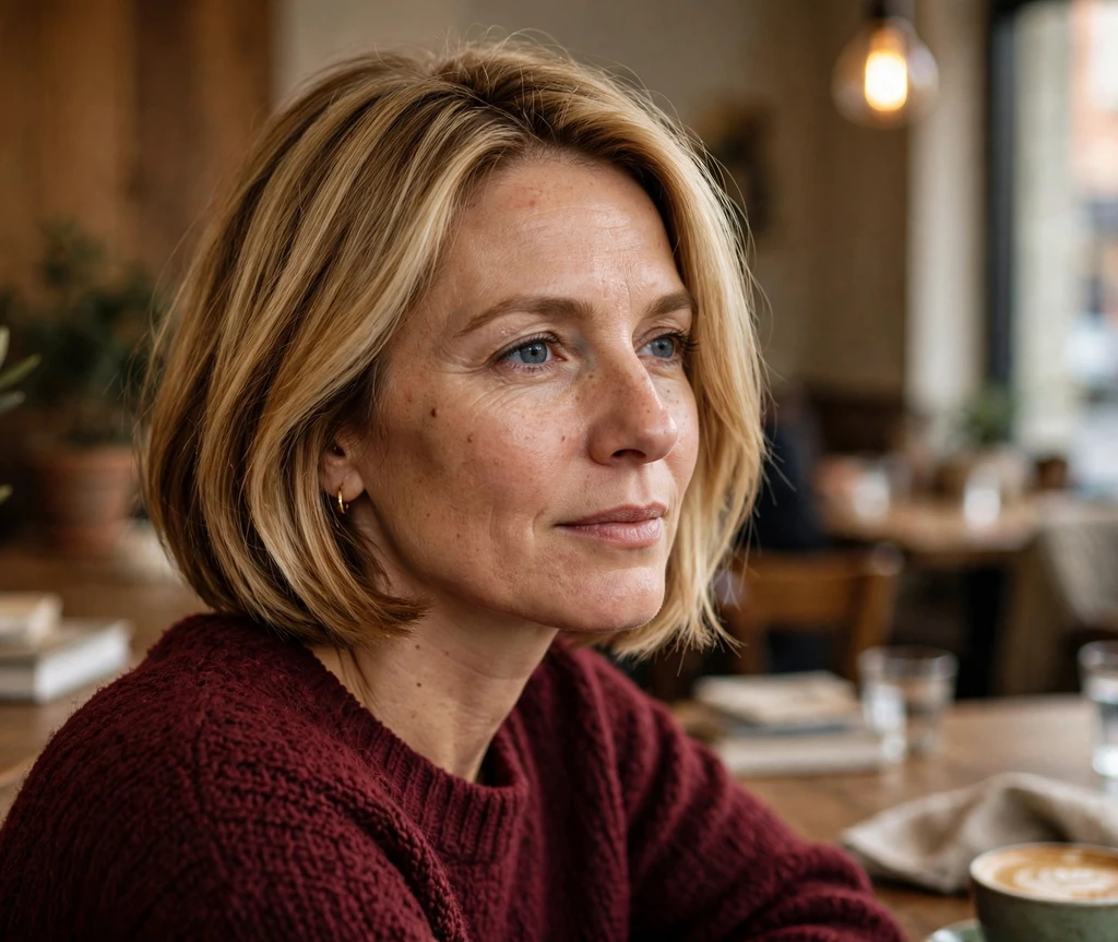 European woman in her 40s with butterscotch blonde bob in a café
