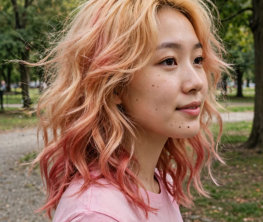 East Asian woman with strawberry honey blonde waves in a park
