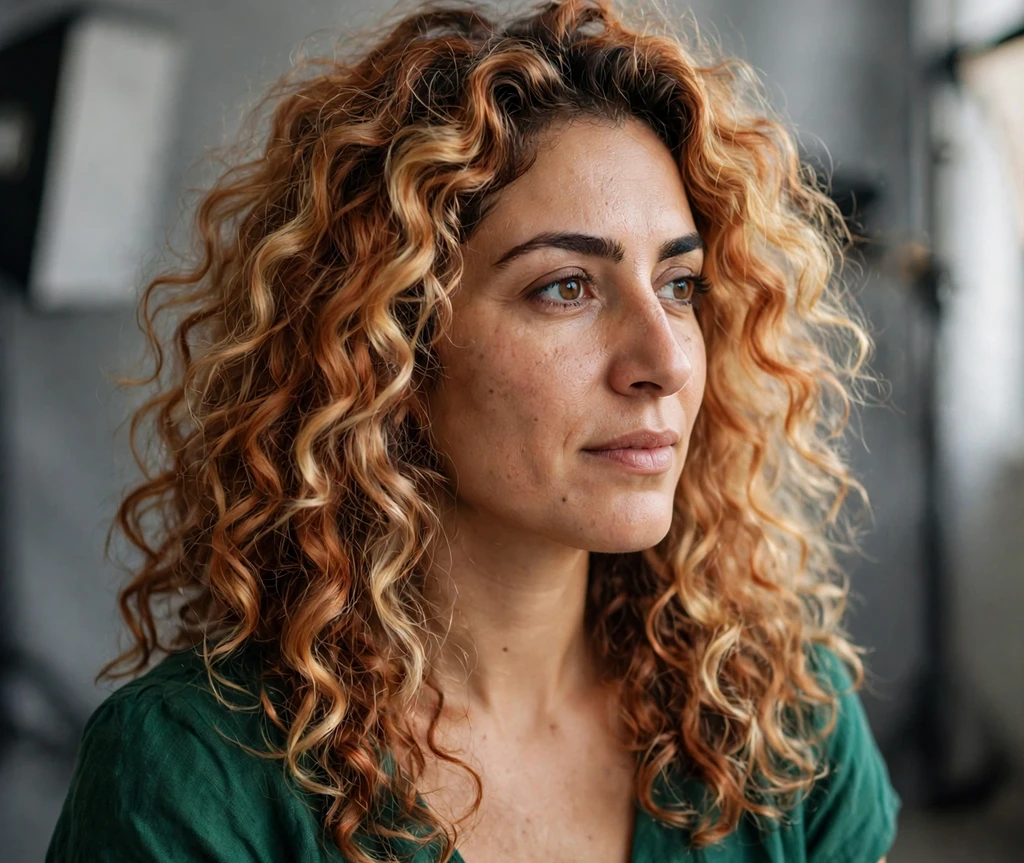 Middle Eastern woman with copper blonde curly hair in a studio