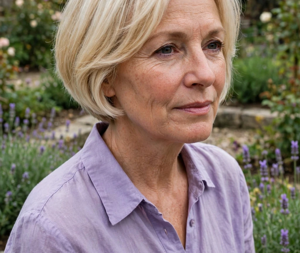 European woman in her 50s with vanilla blonde short bob in a garden