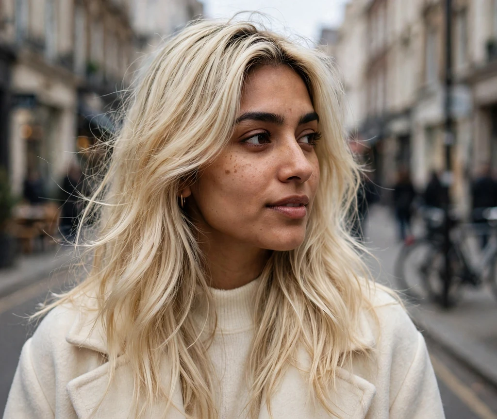 South Asian woman with cream blonde long layers on a city street