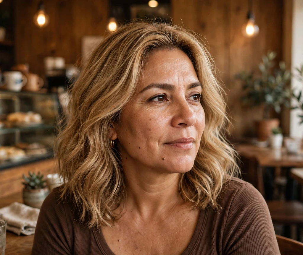 Latina woman in her 40s with wheat blonde shoulder waves in a café