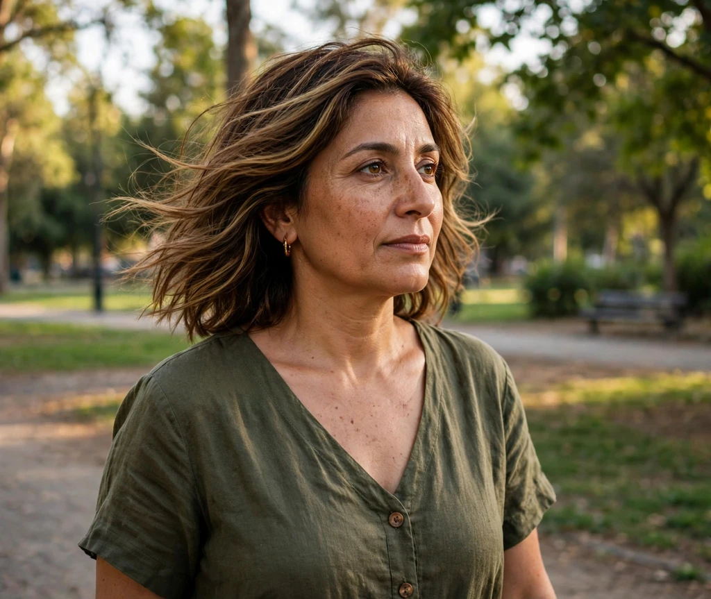 Middle Eastern woman in her 40s with golden balayage lob in a park