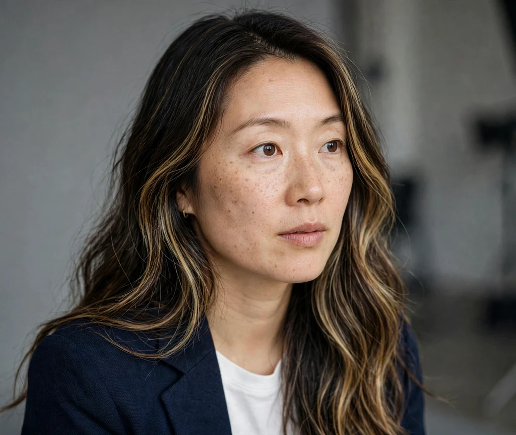 East Asian woman with honey highlights in long dark hair in a studio