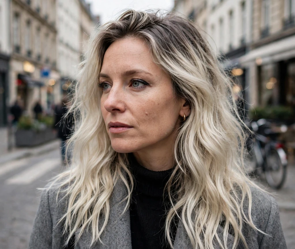European woman with platinum balayage long waves on a city street