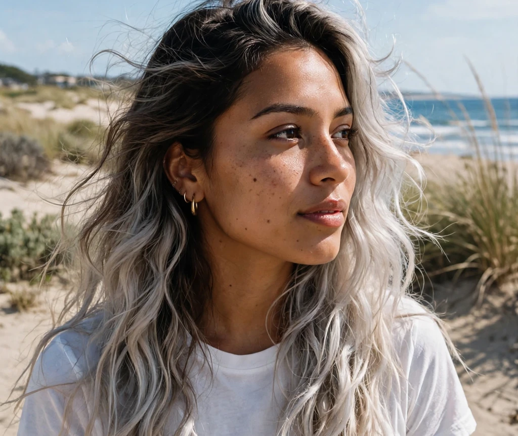 Latina woman with icy silver ombre long hair at the beach