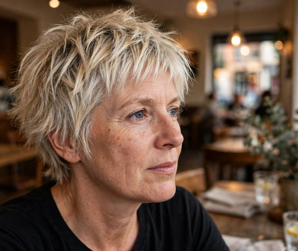 European woman in her 40s with frosted blonde short shag in a café