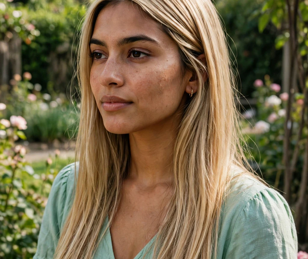 South Asian woman with blonde babylights in long straight hair in a garden