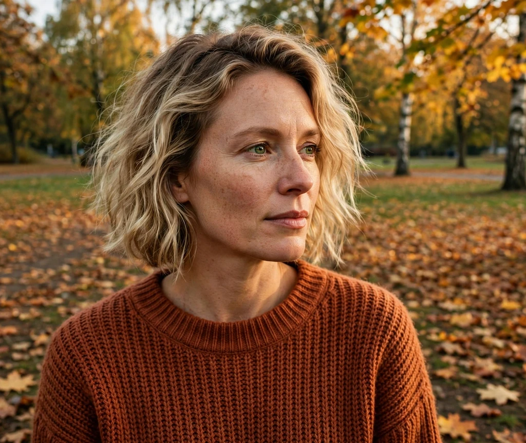 Middle Eastern woman with lived-in blonde textured lob in a park