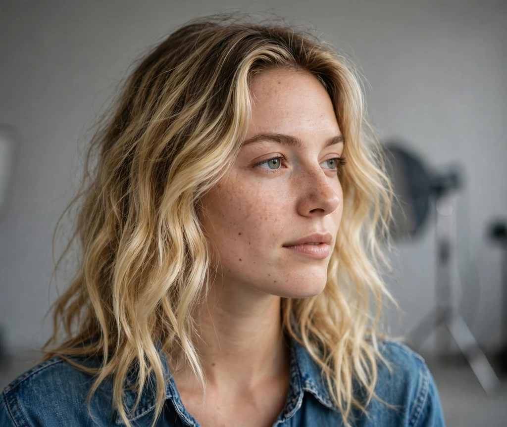 European woman with root melt blonde waves in a studio