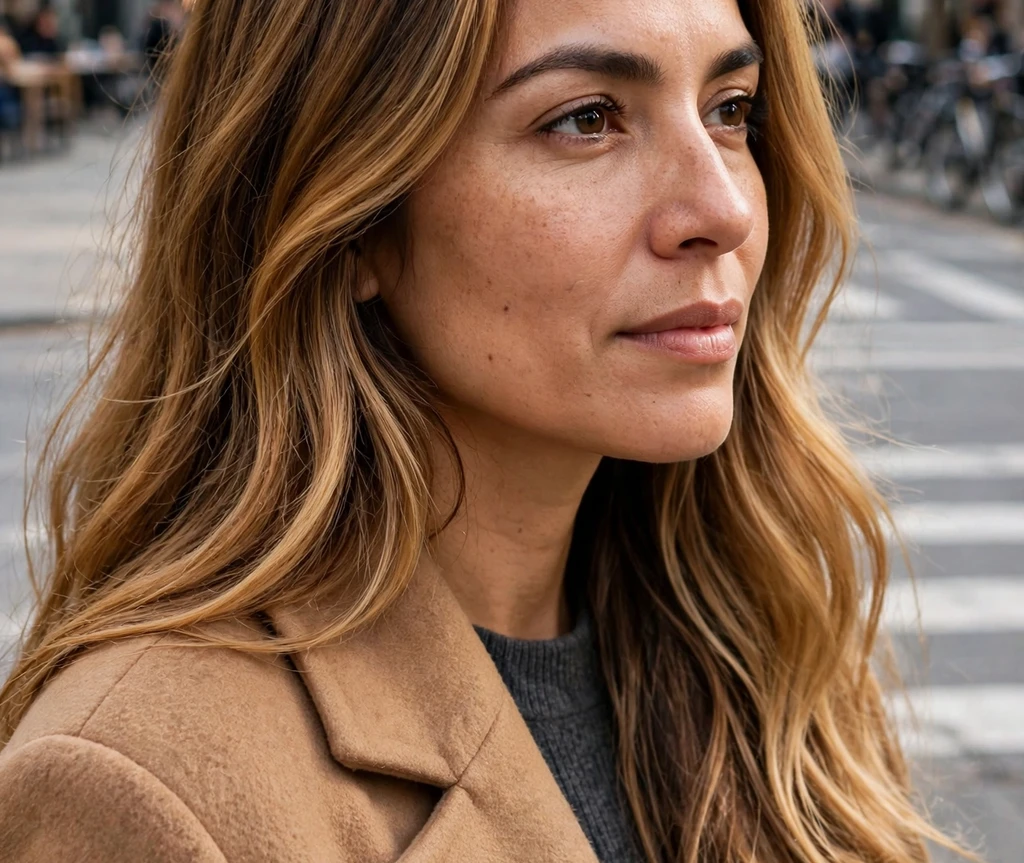 Latina woman with honey caramel ombre long hair on a city street