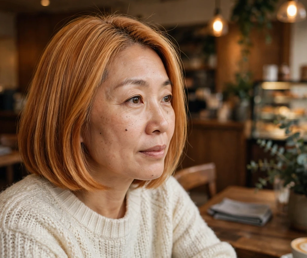 East Asian woman in her 40s with golden copper blonde bob in a café