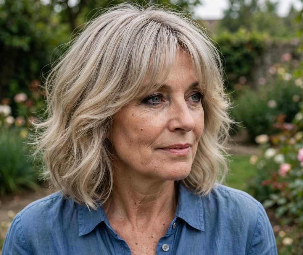 European woman in her 50s with ash blonde lob and curtain bangs in a garden