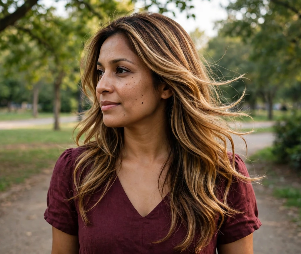 South Asian woman with dimensional honey blonde layered hair in a park