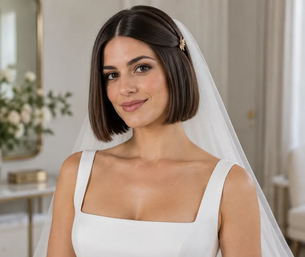 Blunt Bob with a Center Part and Minimalist Veil Comb